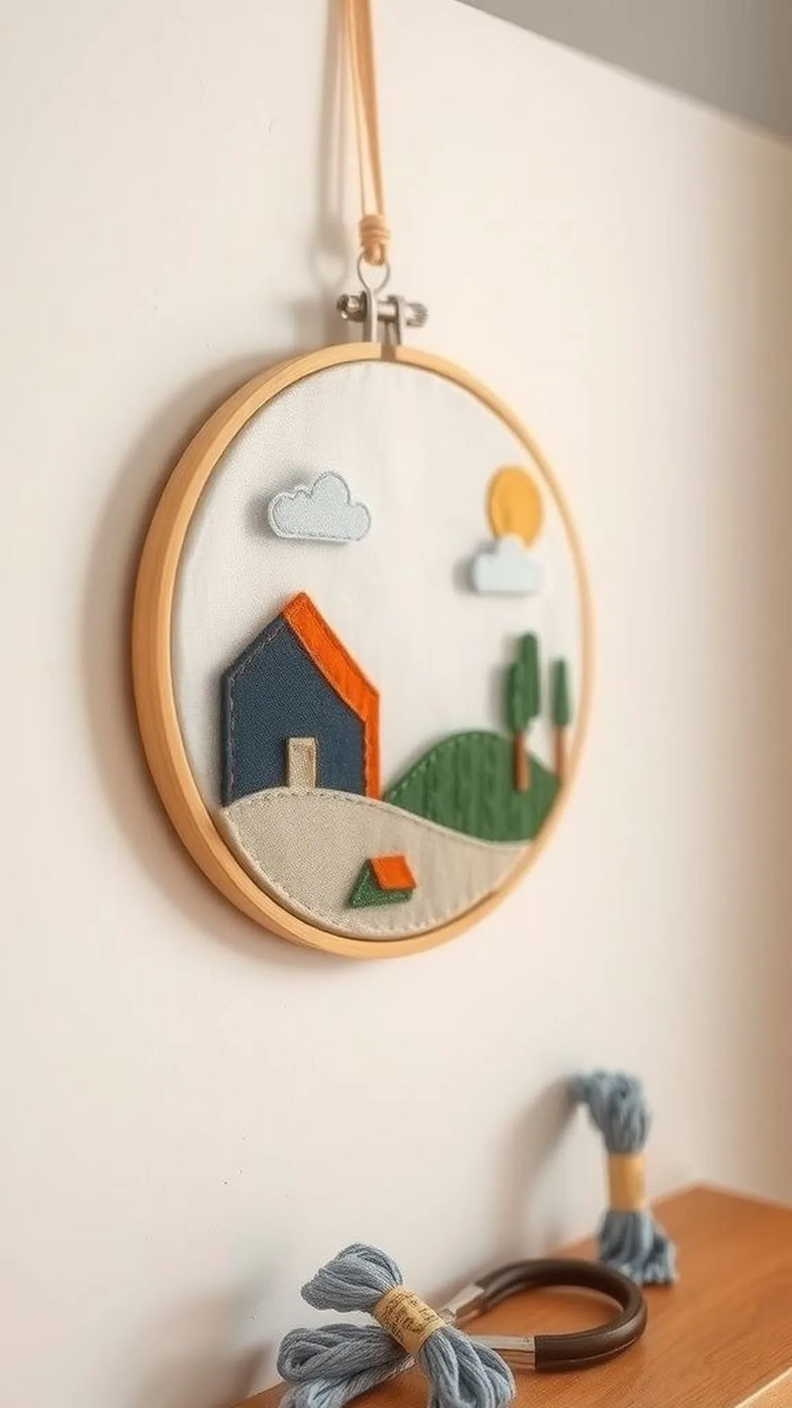 Appliqué hoop art with layered fabric scenes