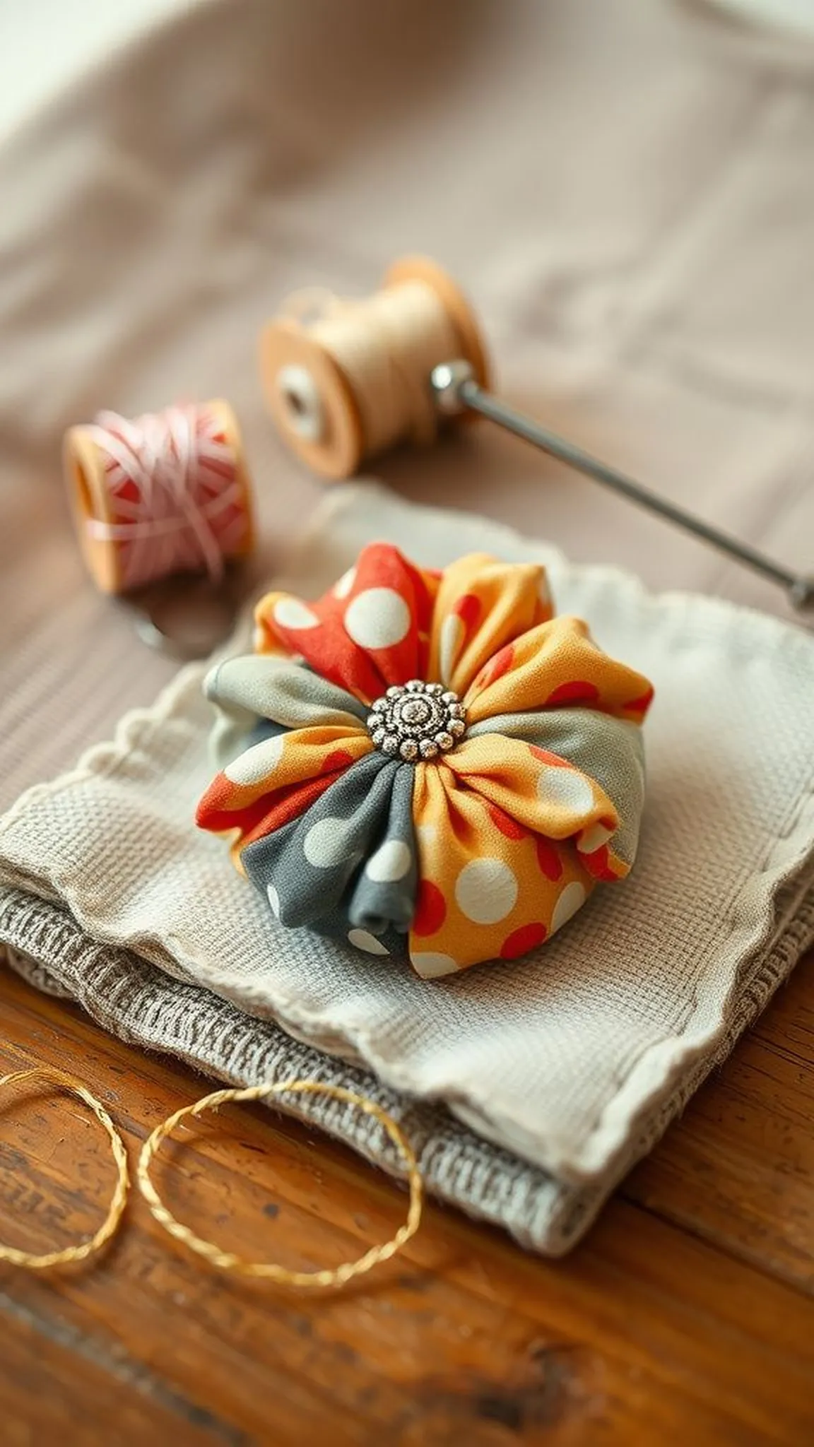 Gathered yo-yos turned into a tactile brooch