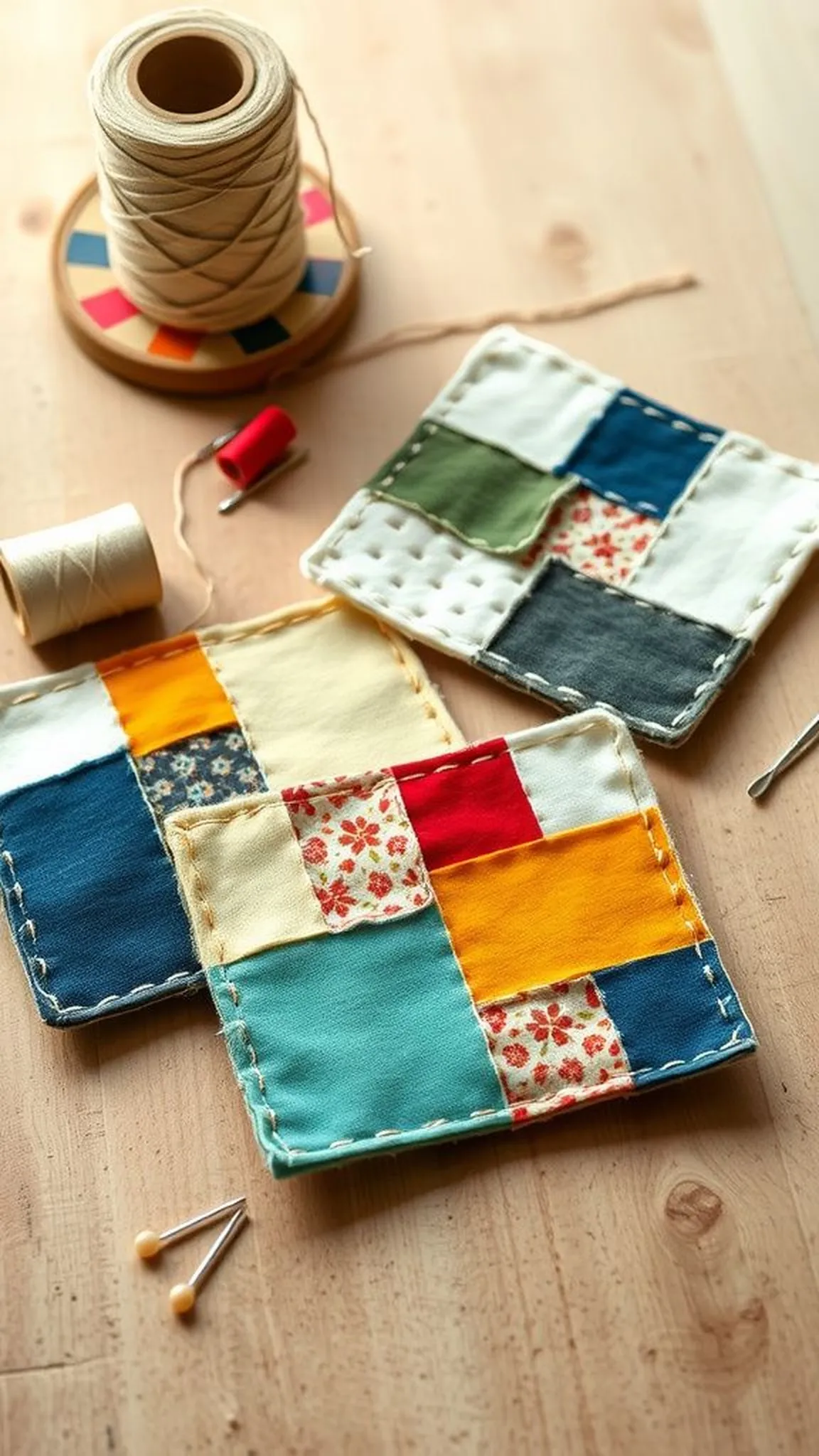 Patchwork coasters with uneven charm and texture