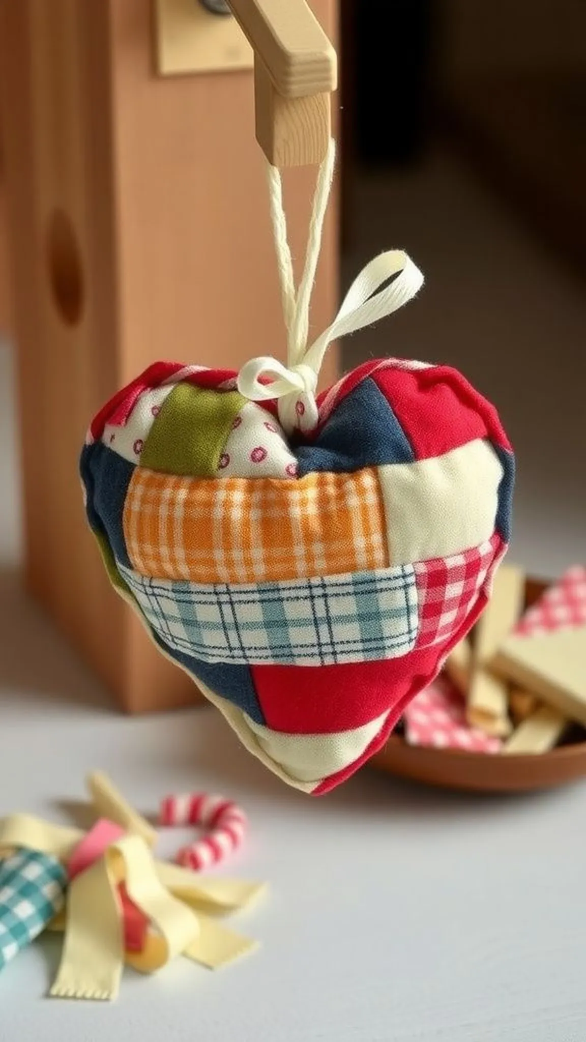 Stuffed patchwork heart ornament for small spaces