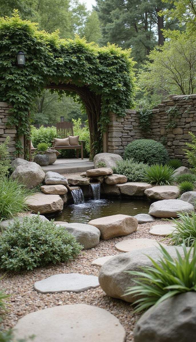 Serene water feature and seating nook