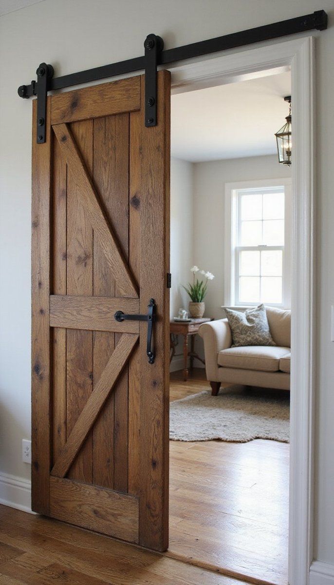 Sliding barn door with metal hardware