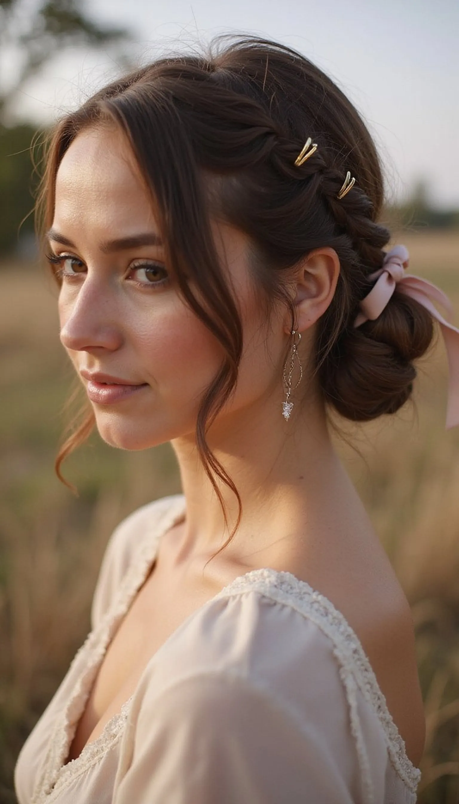 Braided Low Bun With Satin Ribbon Tie