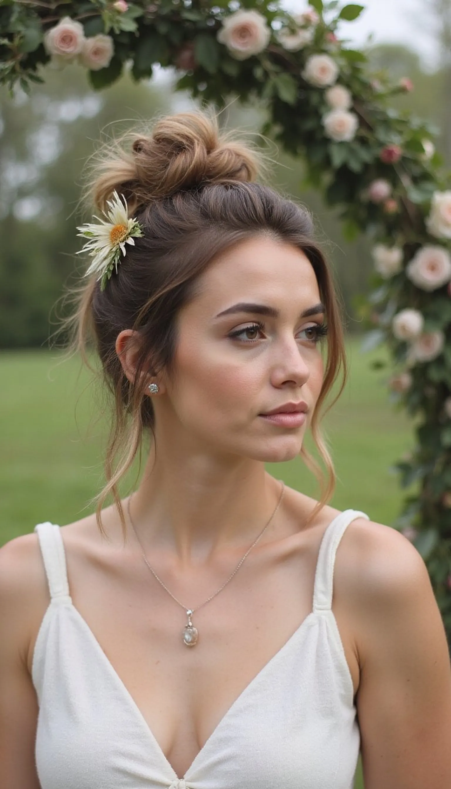 Messy Chignon Adorned With Fresh Flower Sprig