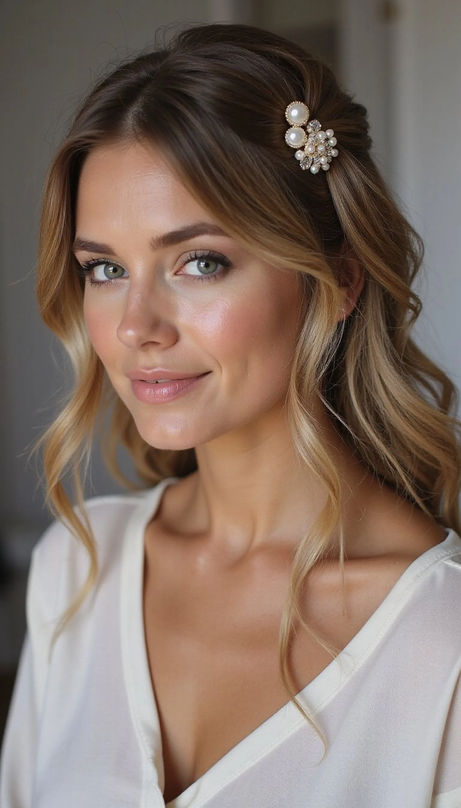 Soft Half-Up Twist With Pearls And Shine