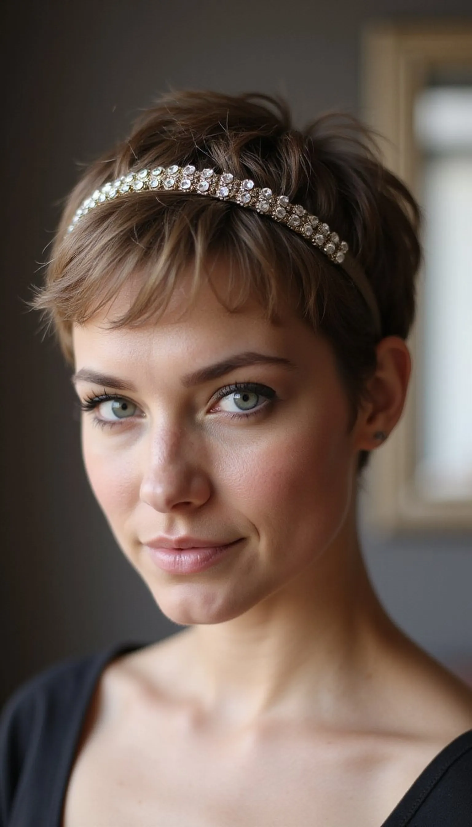 Textured Pixie With A Sparkling Jeweled Headband