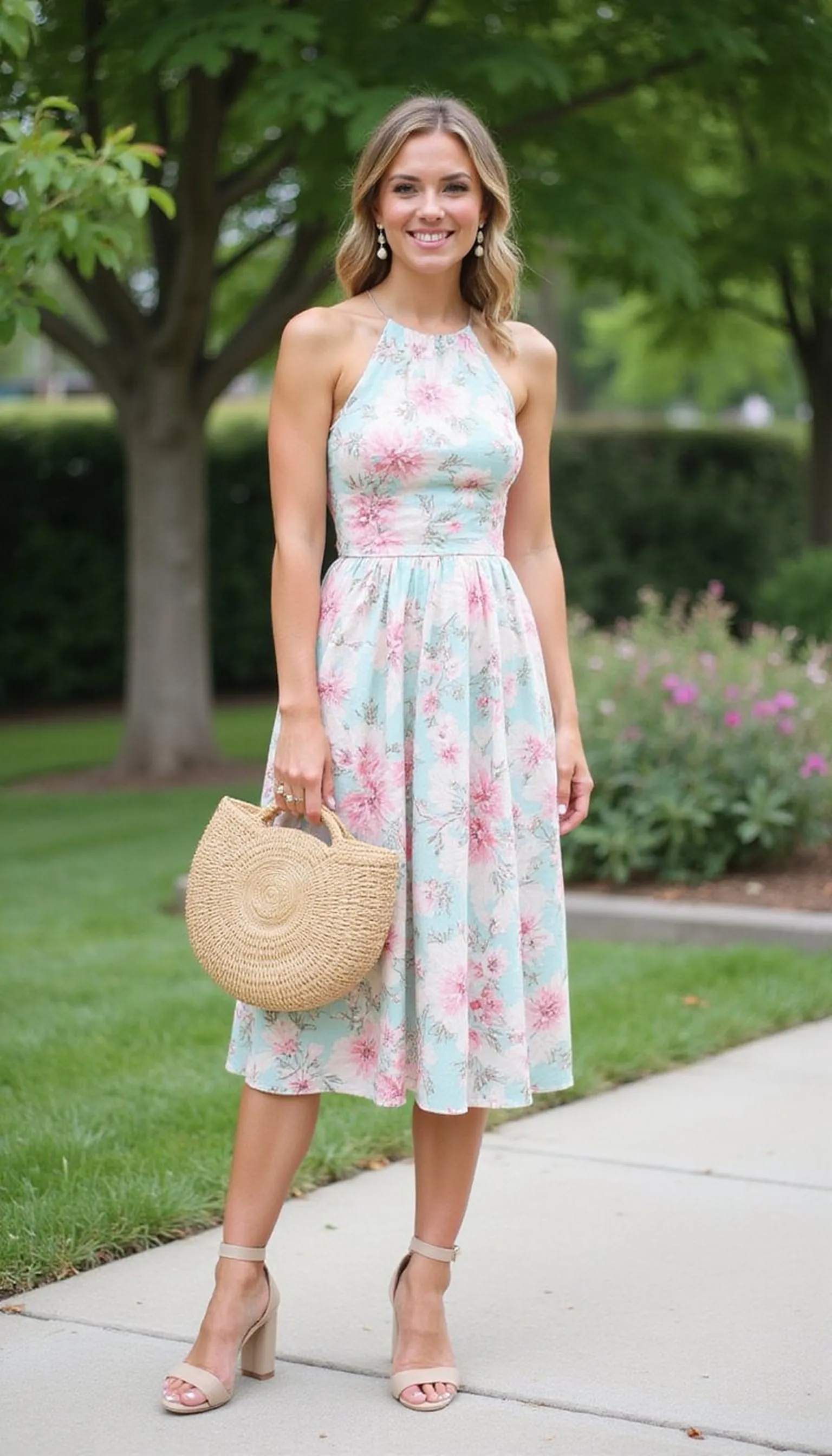 Pastel floral midi dress with nude heels