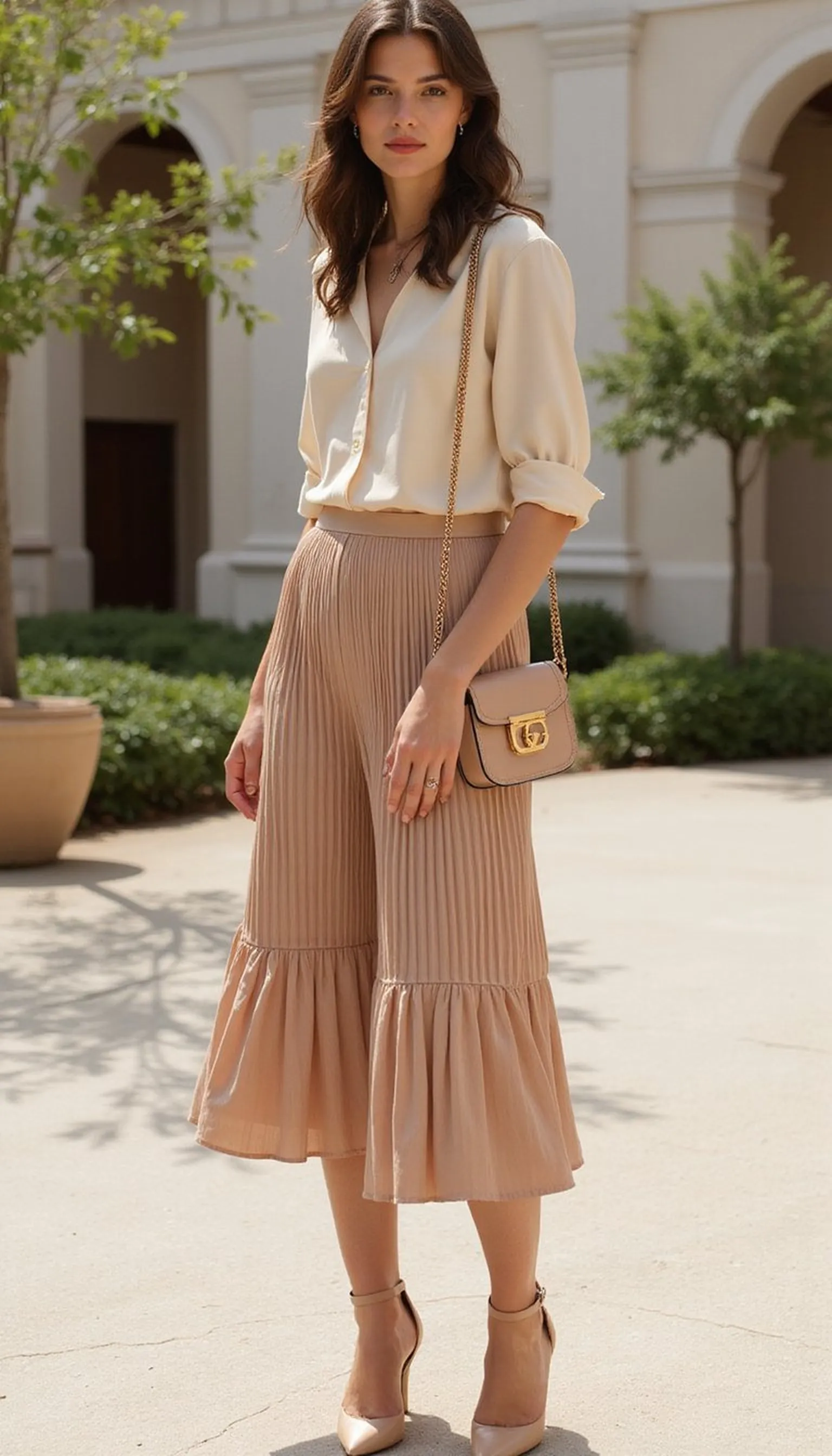 Pleated midi skirt plus silk blouse combo