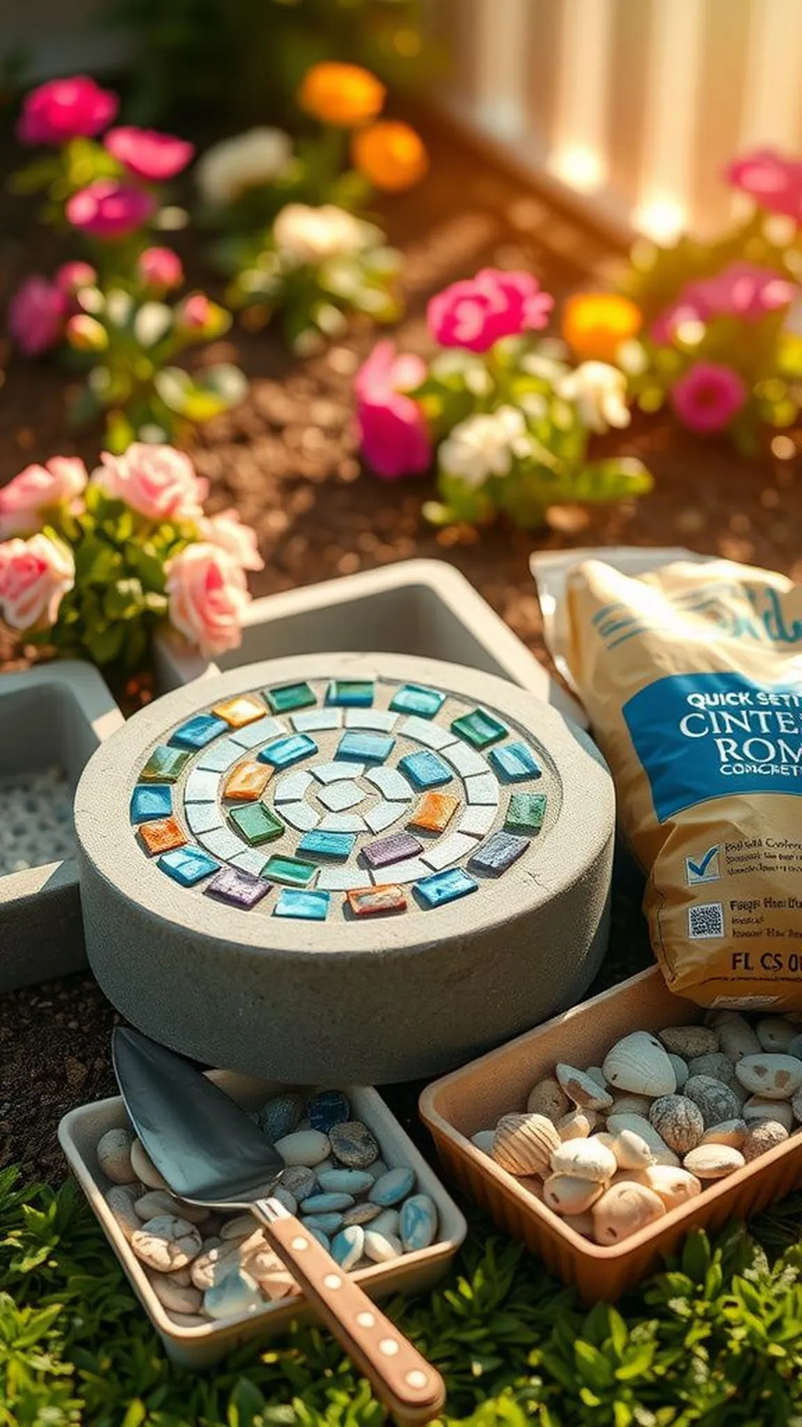 Garden stepping stones with mosaic treasures