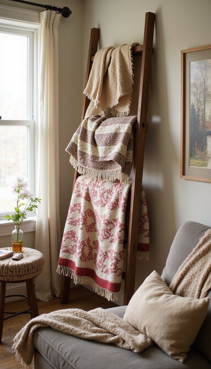 Vintage ladder as blanket rack