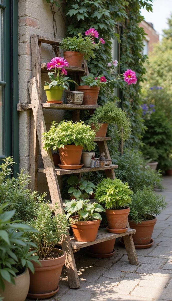 Vintage ladders for creative plant displays