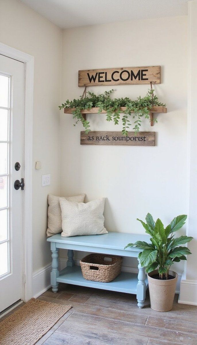 Welcoming farmhouse vibes with a painted bench