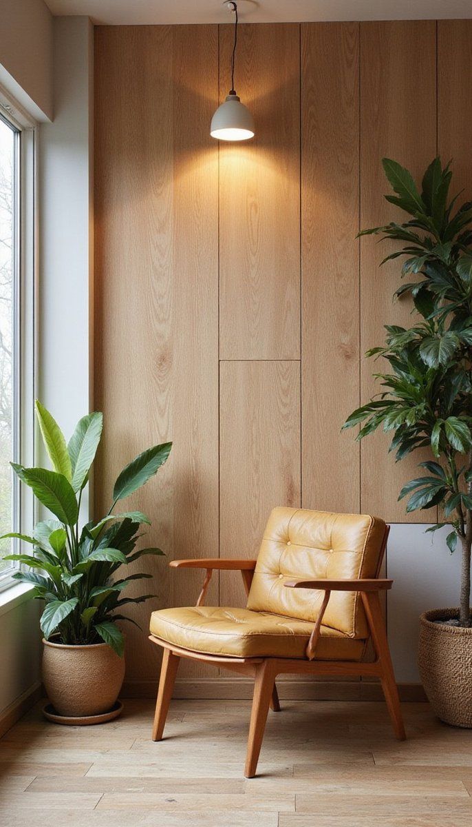 Wood veneer wall treatments for warmth