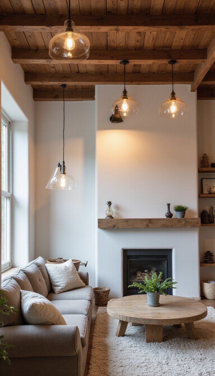 Wooden beam ceiling with industrial lighting