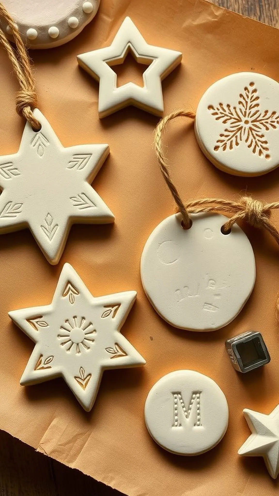 Air dry clay ornaments with pressed patterns
