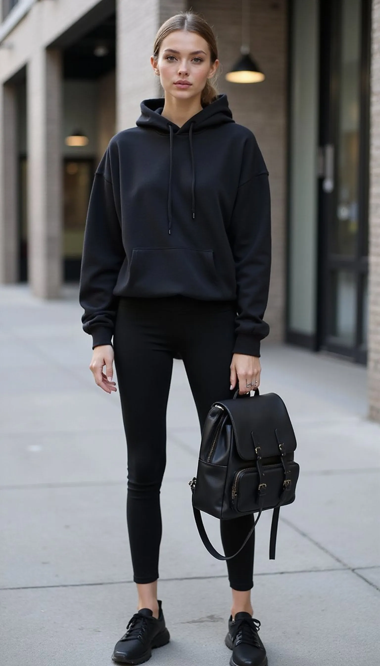 Athleisure in black: leggings and oversized hoodie