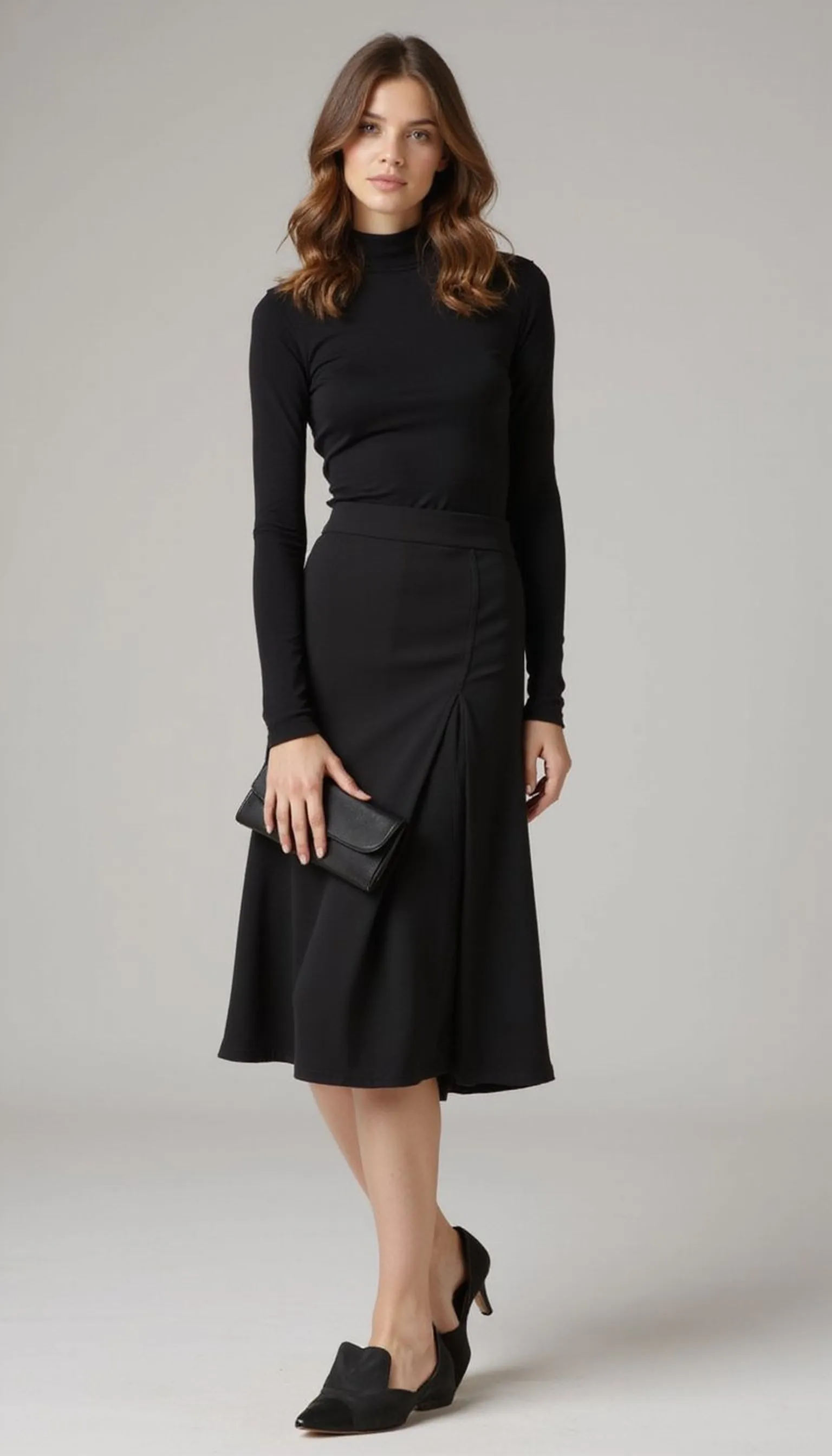 Minimal chic: black midi skirt and fitted top