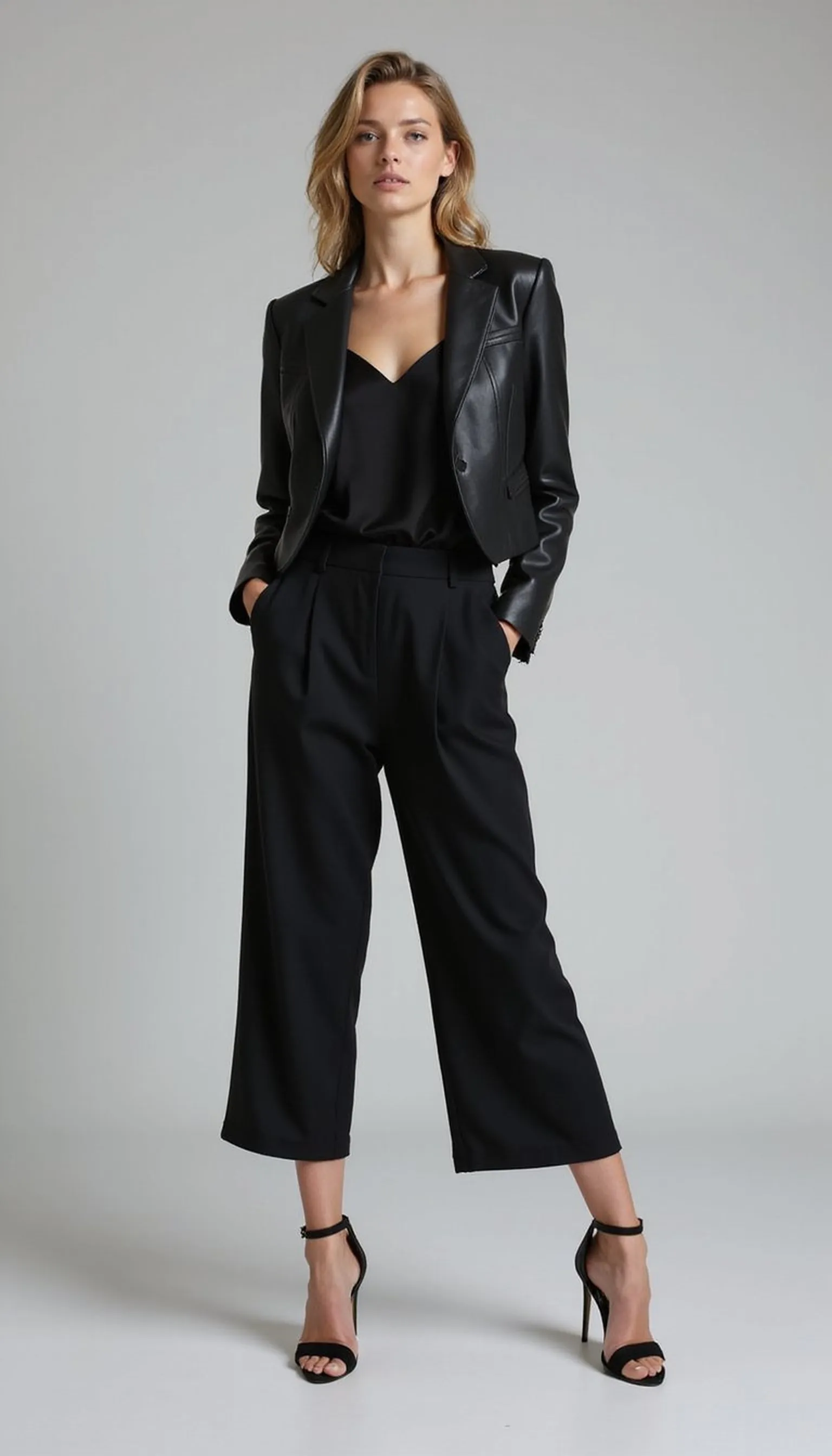 Monochrome textures: silk, leather, and knit mix