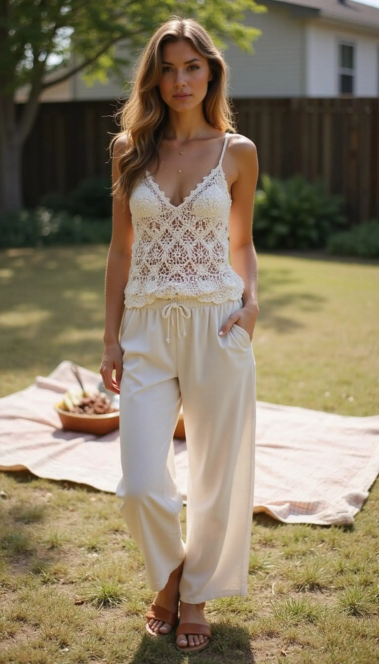 Crochet top with wide-leg pants, boho backyard look