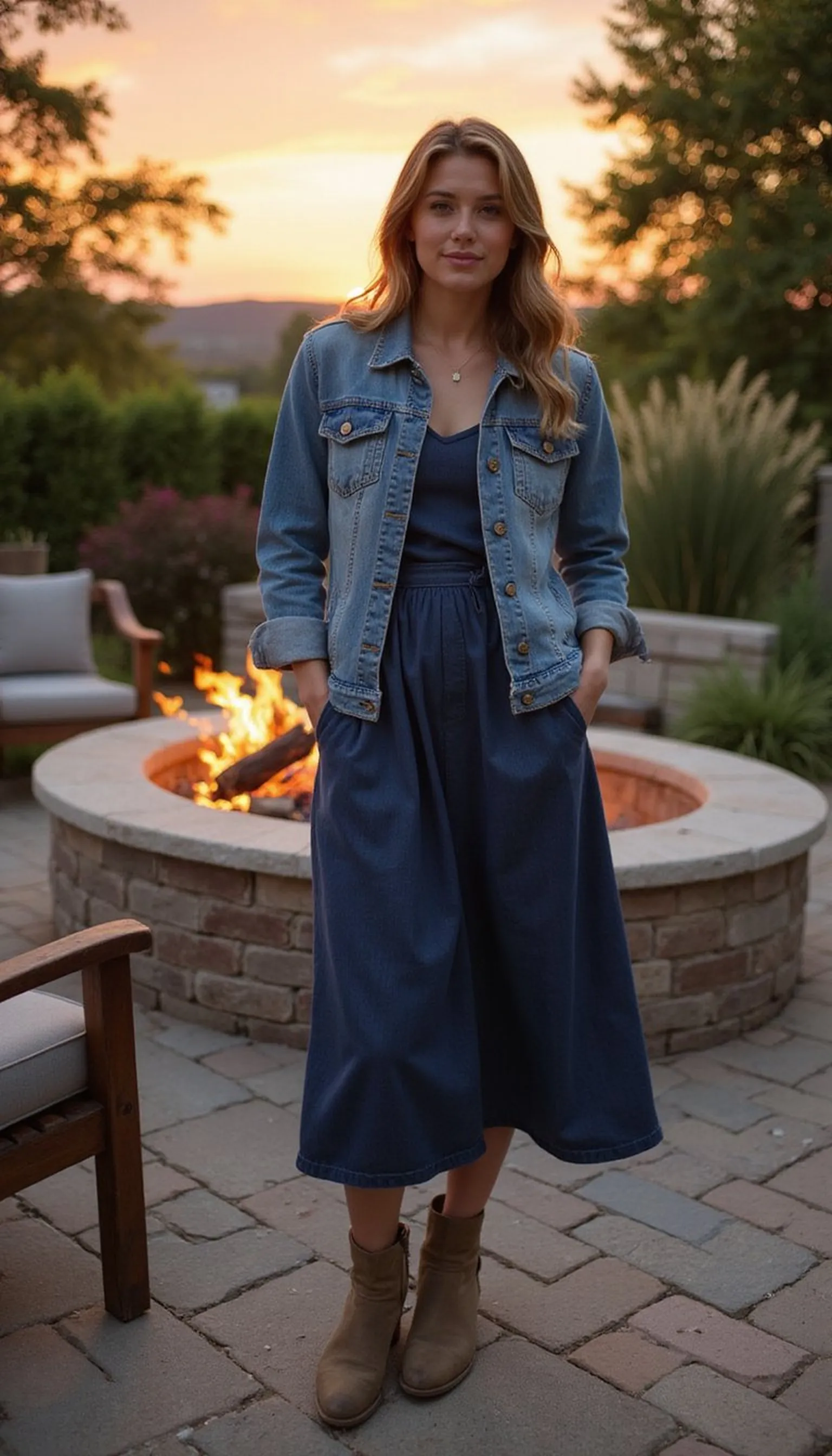 Denim jacket layered over a midi dress