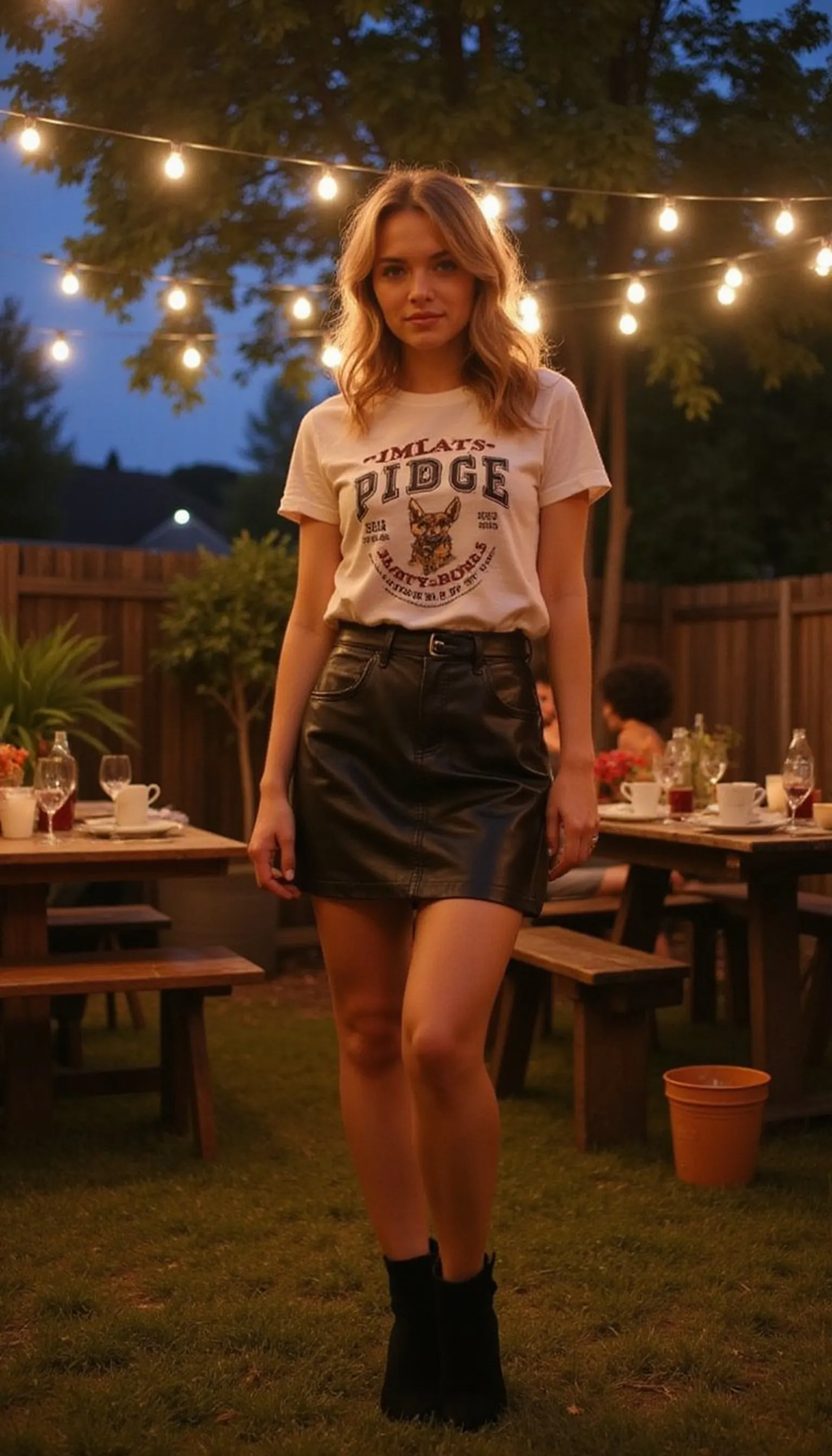 Edgy graphic tee with leather skirt and boots
