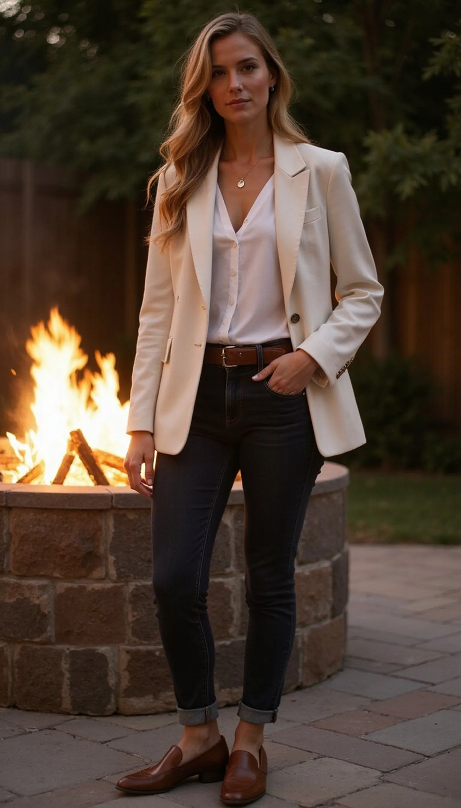Lightweight blazer with dark jeans for evening BBQ