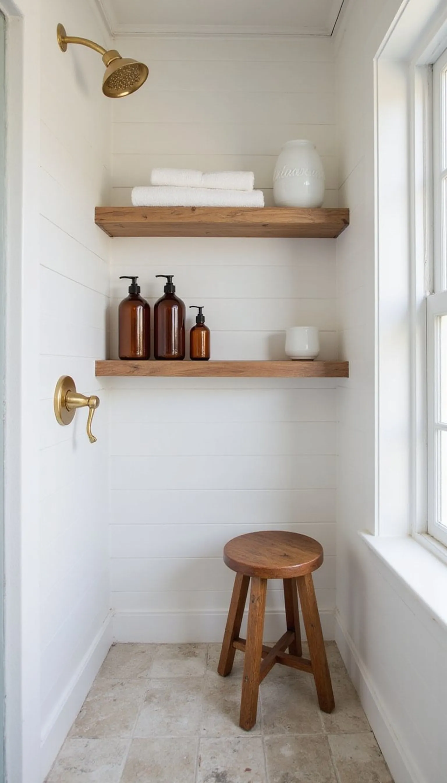 Compact shower nook with teak shelf details