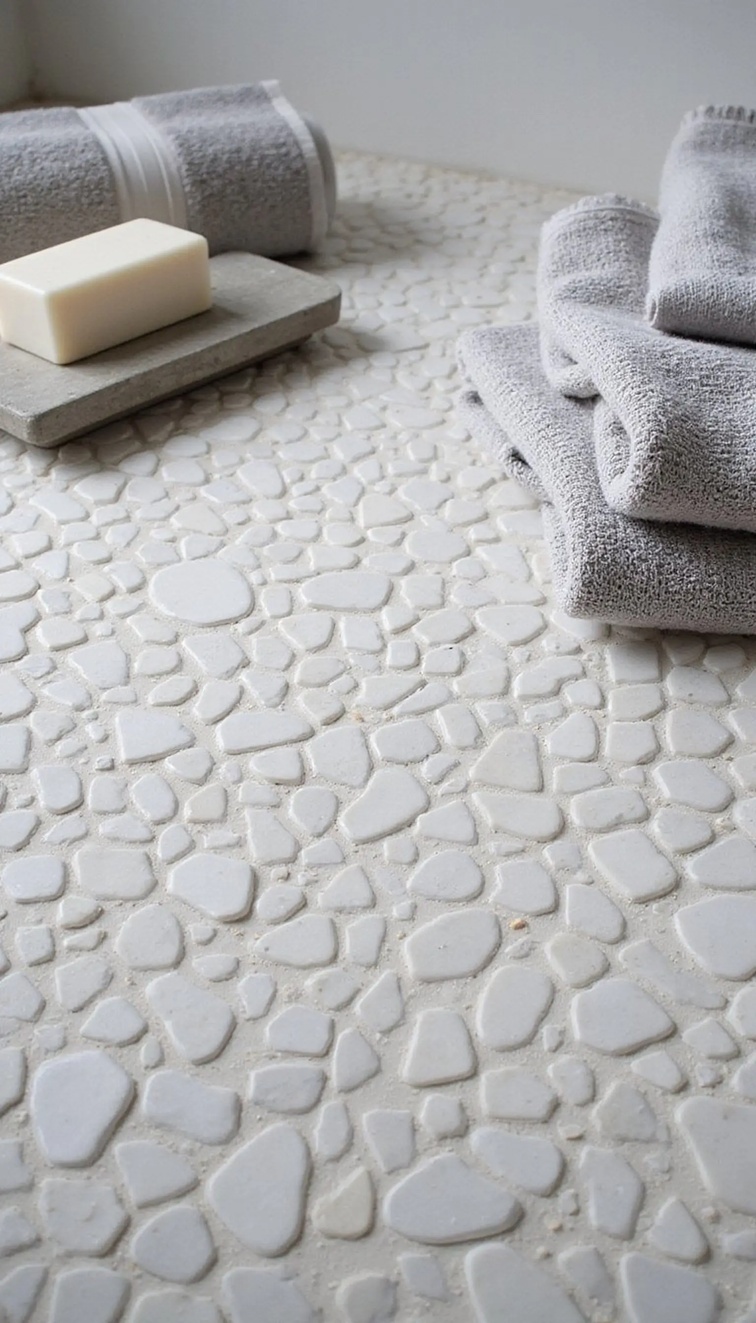 Monochrome pebble floor with stone accents