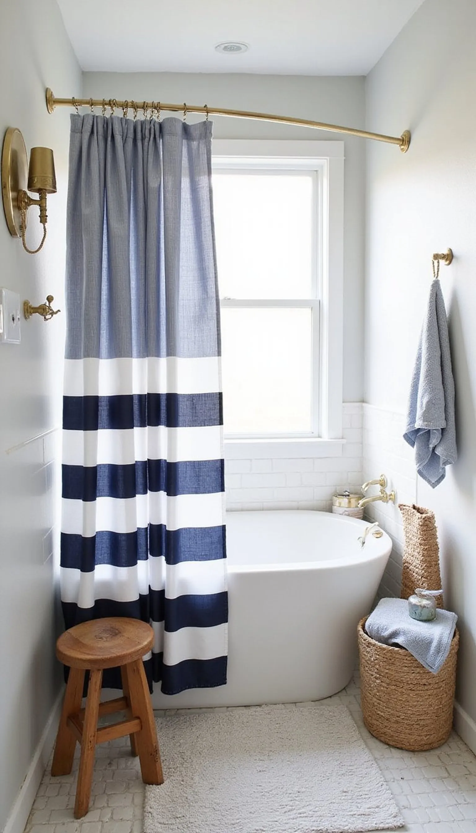 Navy-striped coastal bath with brass lights