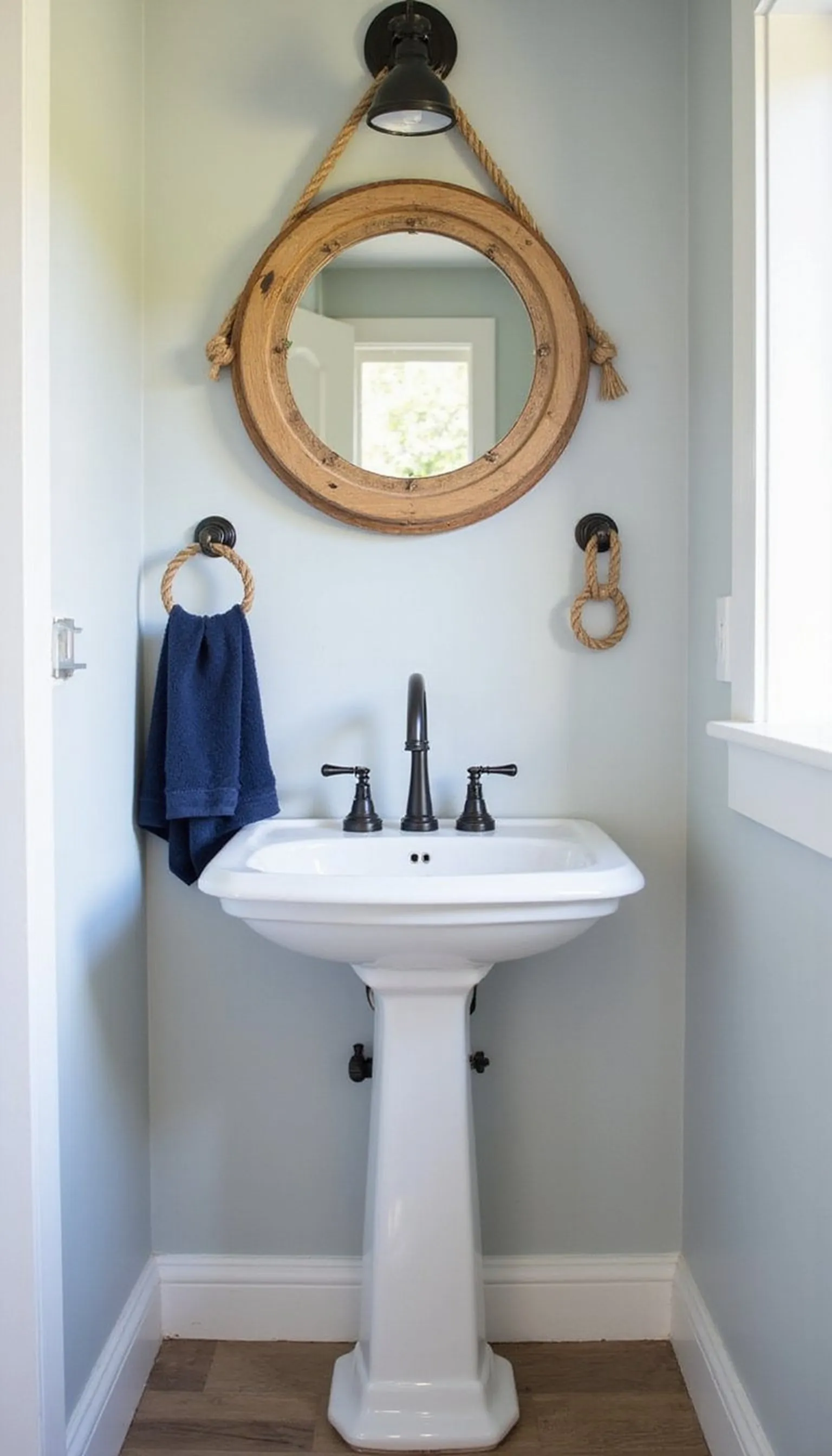 Porthole mirror and knotted rope accents