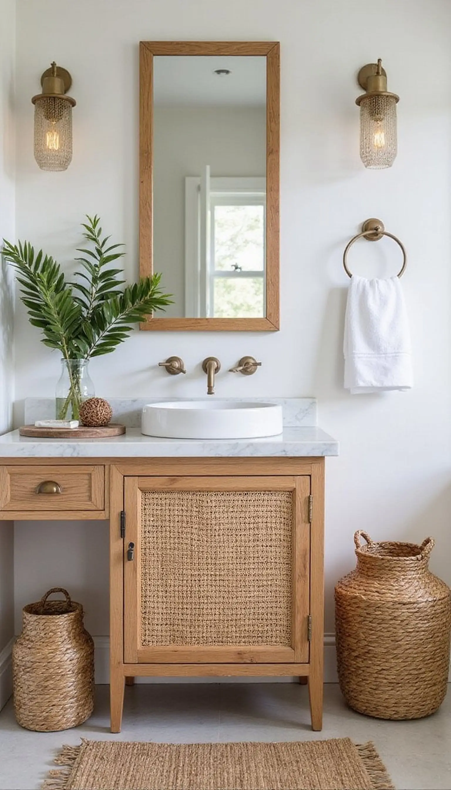 Rattan vanity and woven storage solution