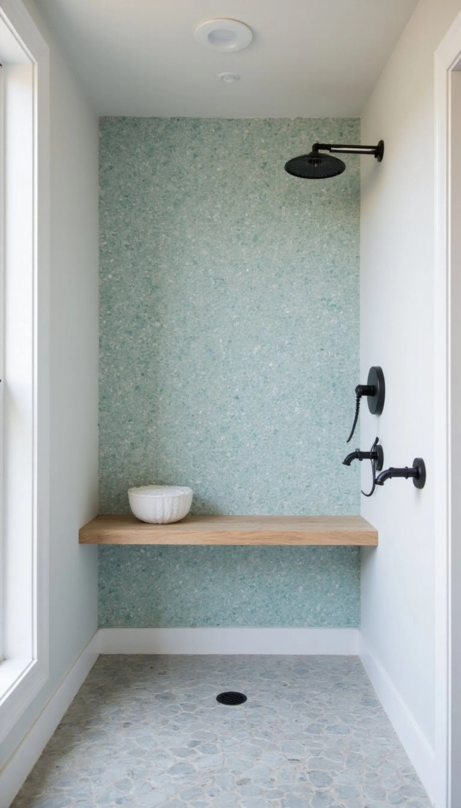 Sea-glass tile shower with matte black fixtures