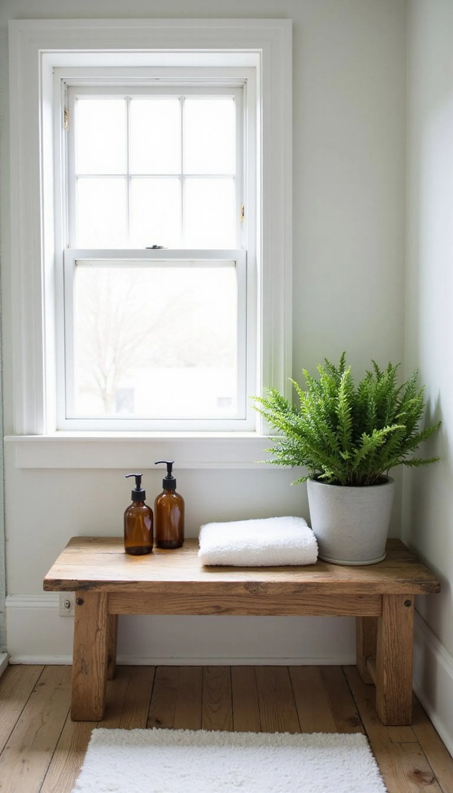 Weathered teak bench with lush greenery