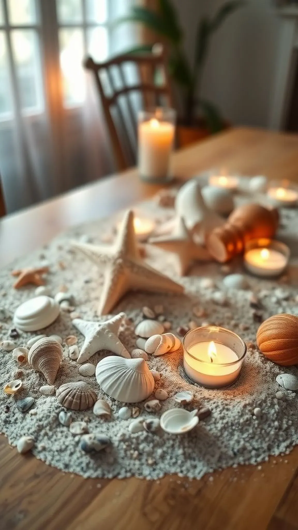 Beachy table centerpiece with shells, sand, and candles