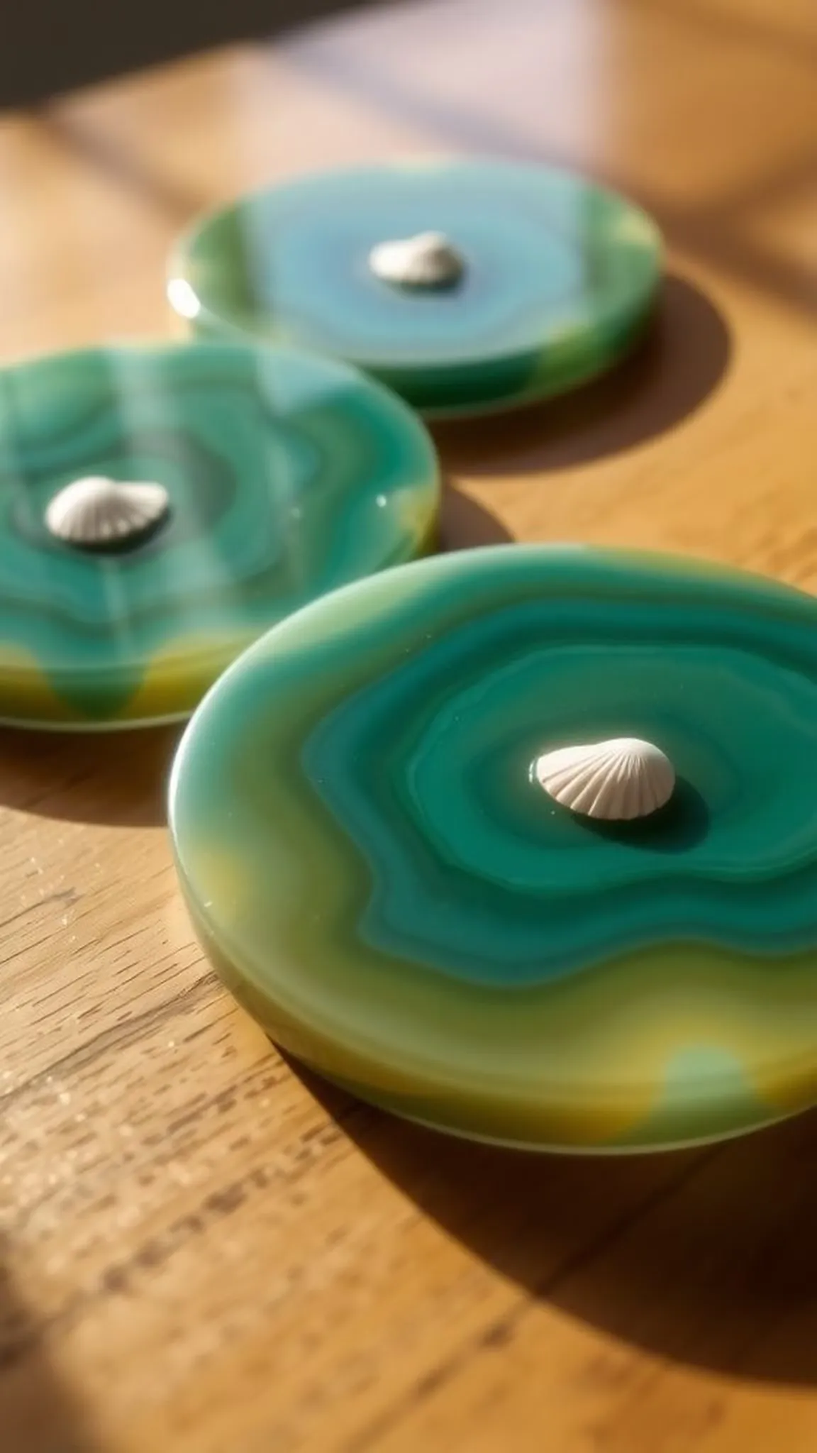 Coastal resin coasters with shell inlay set