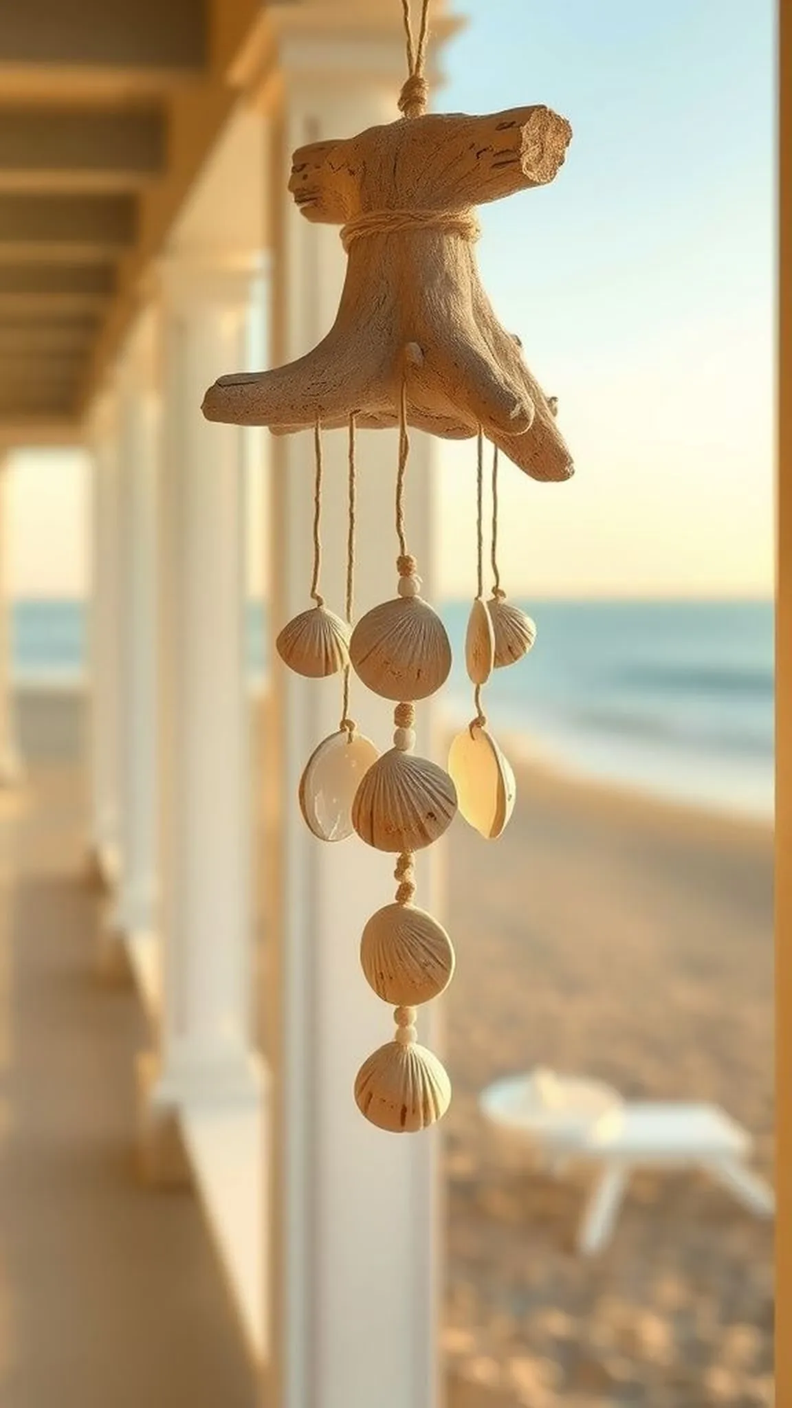 Driftwood and glossy shell wind chime for porch