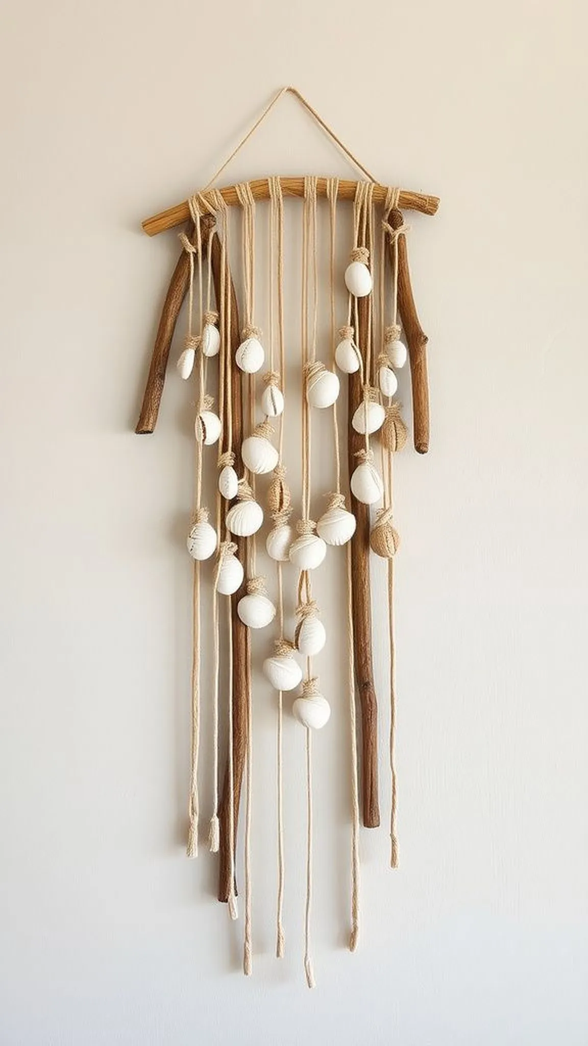 Driftwood and shell wall hanging with layered texture