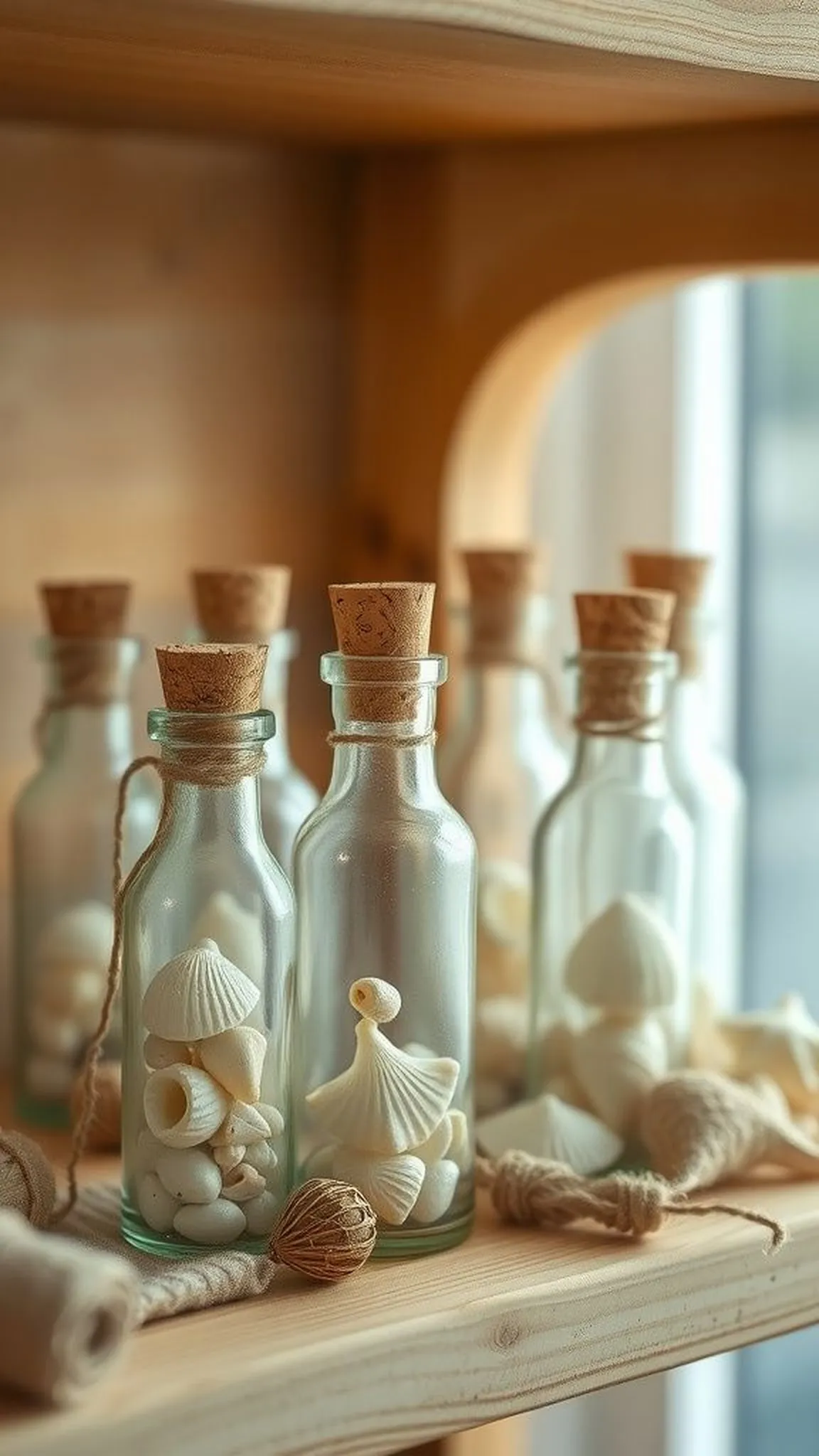 Nautical bottle display filled with miniature shells