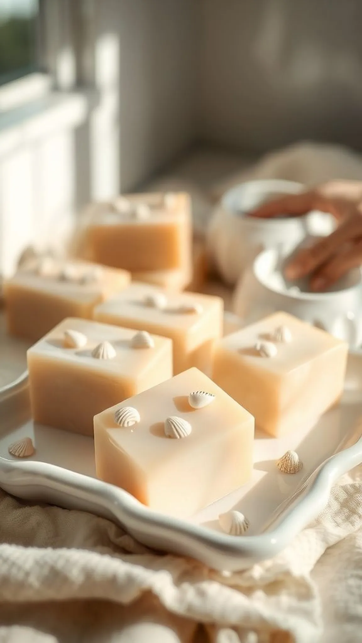 Seashell-embedded soap bars for guest bathroom