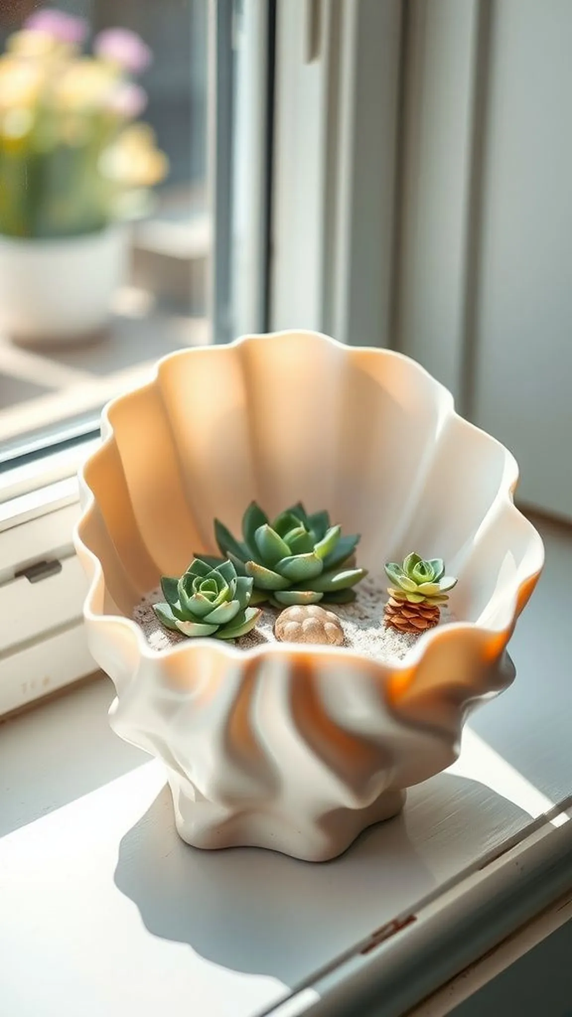 Seashell planter with tiny succulents and coastal charm