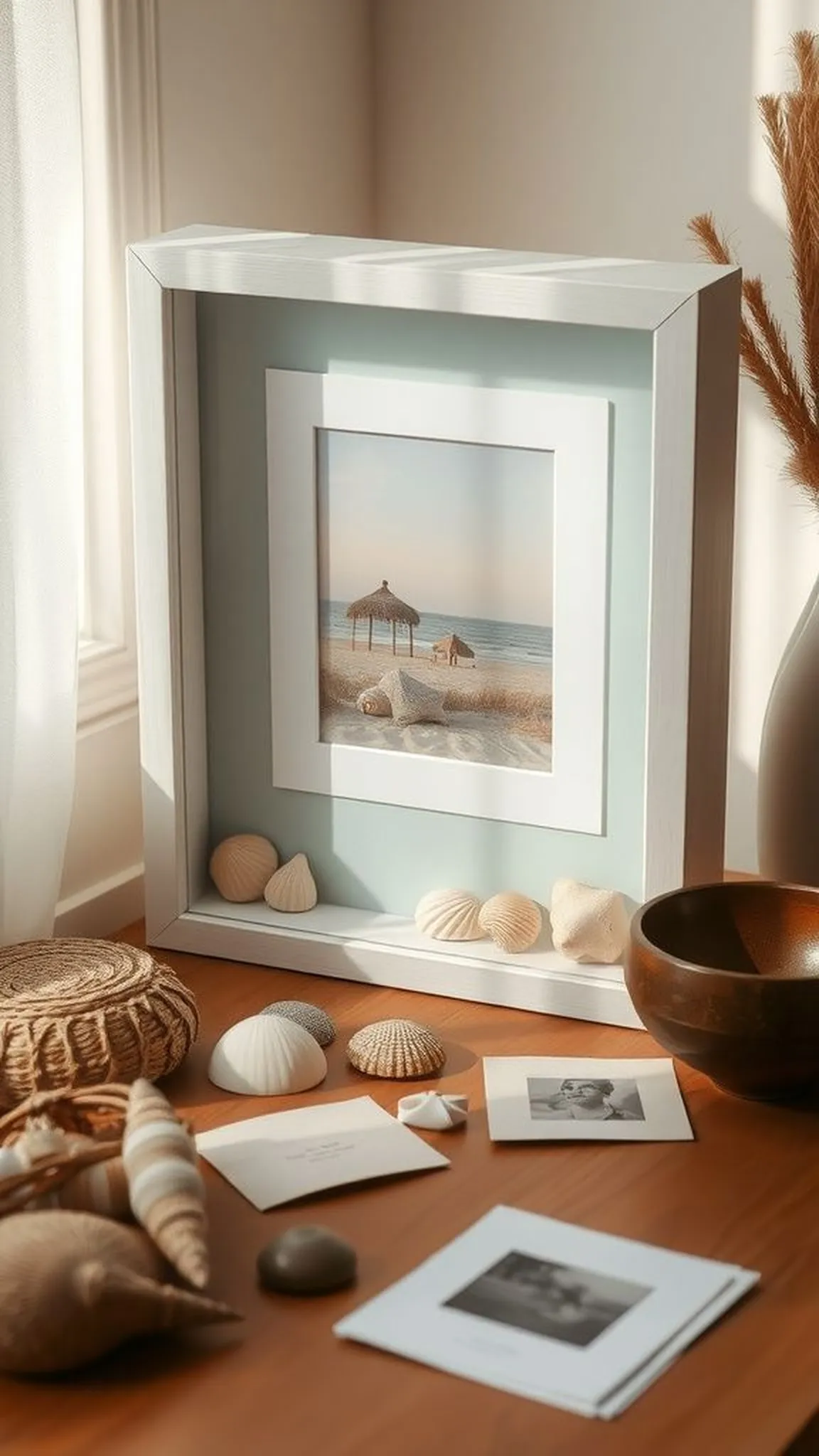 Seashell shadow box memory frame with beach keepsakes