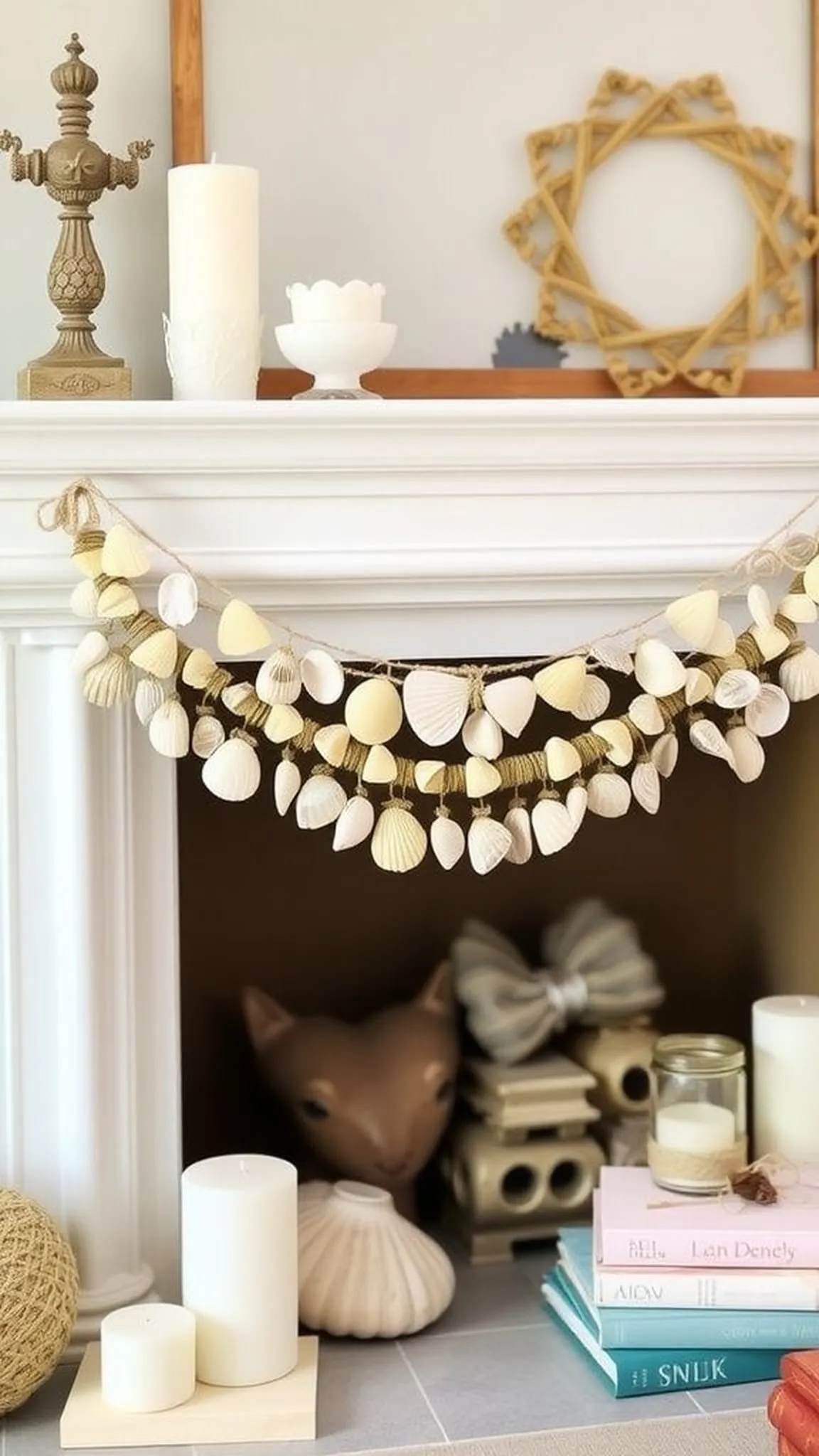 Shell garland for mantel with soft beach tones