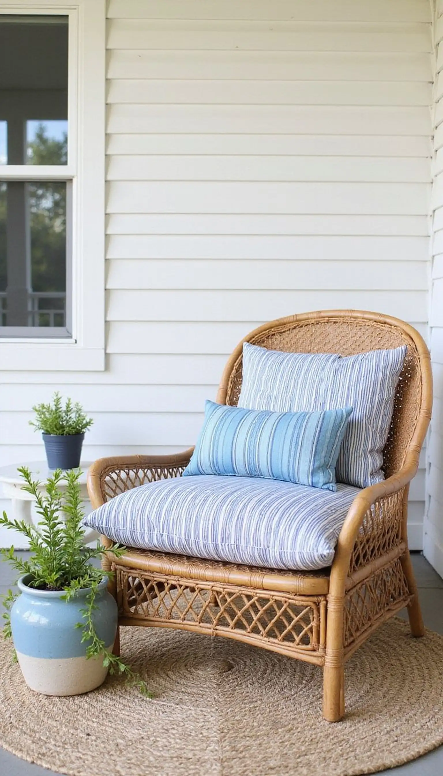 Coastal wicker lounge with blue striped cushions