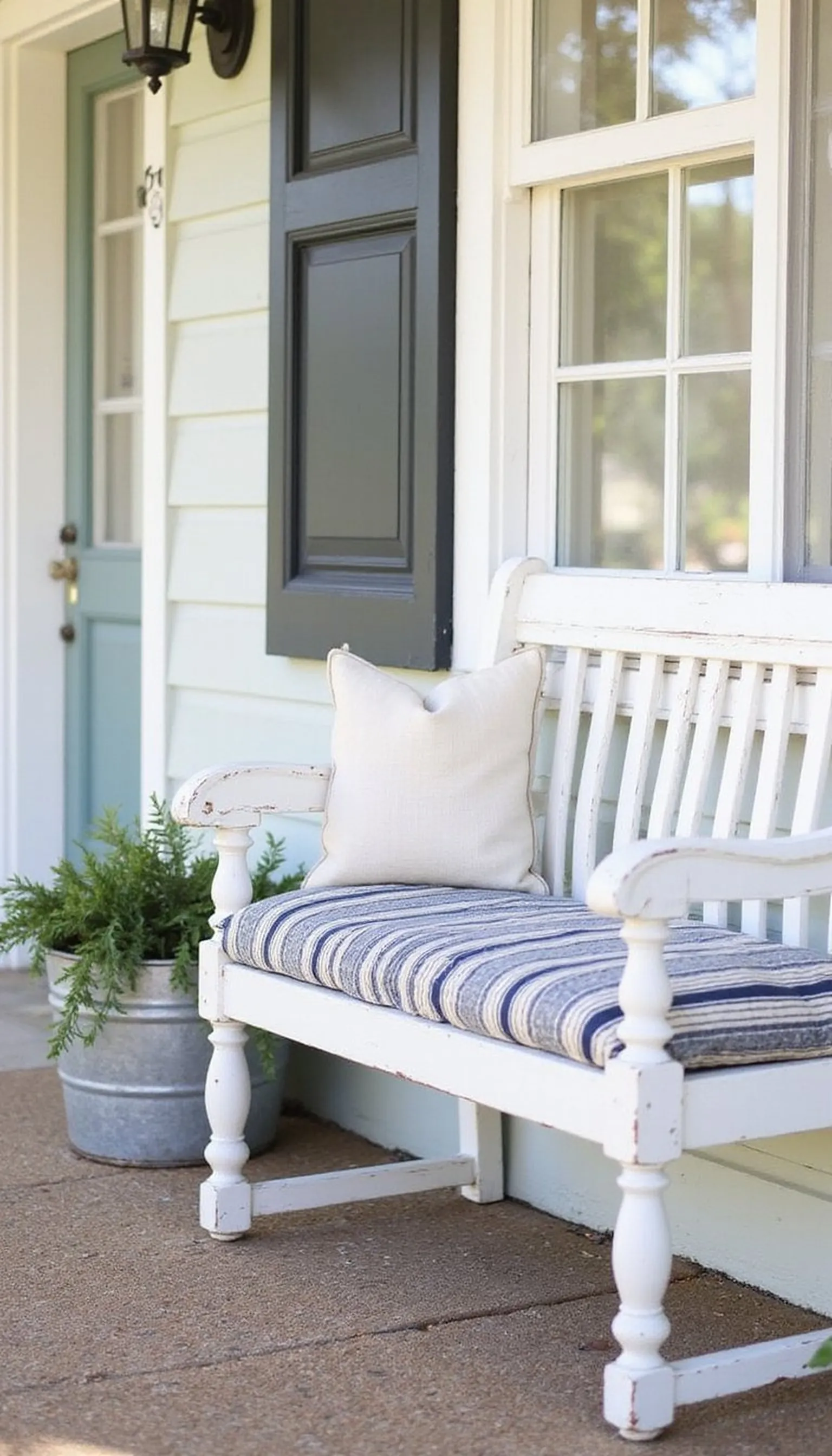 Farmhouse bench with striped seat cushion