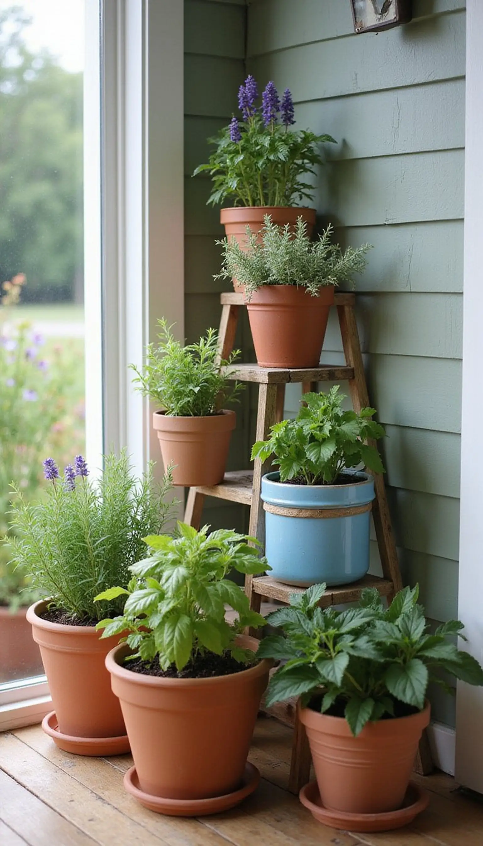 Potted herb display for fresh porch fragrance