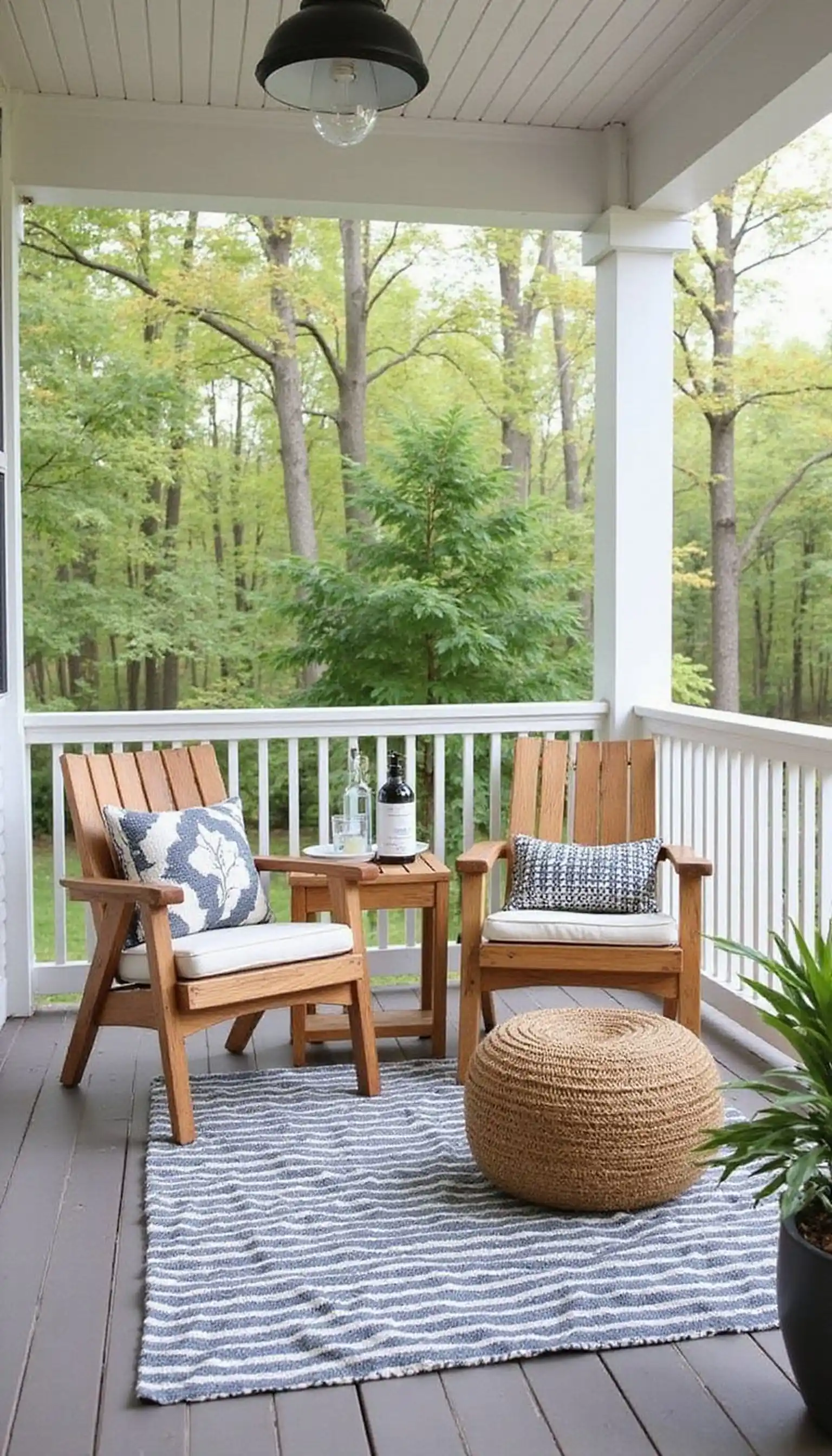 Striped outdoor rug grounds the seating area