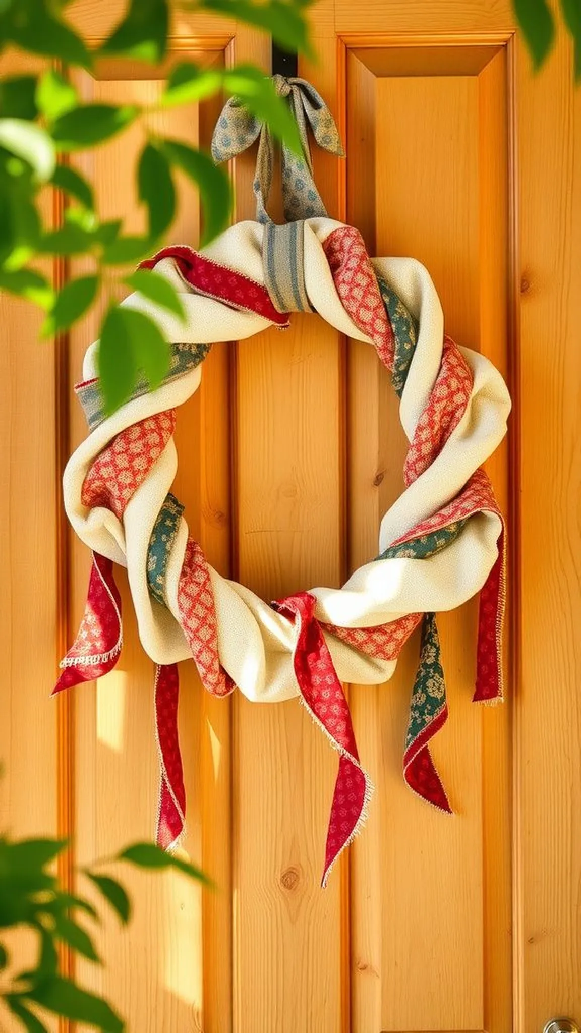 Boho fabric scrap tied wreath with relaxed texture
