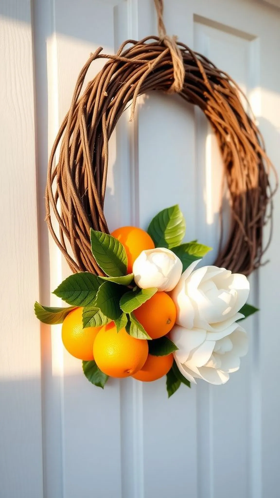 Citrus and bloom wreath on a grapevine base