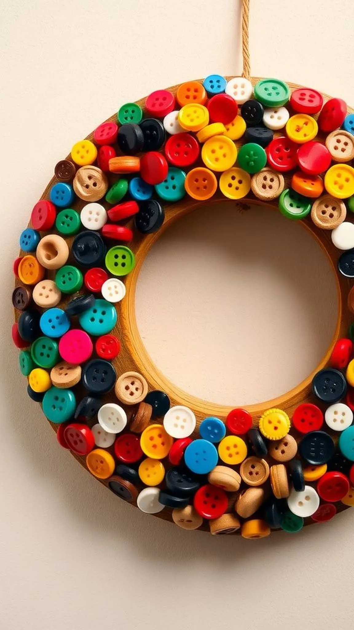 Colorful button mosaic wreath with vintage charm