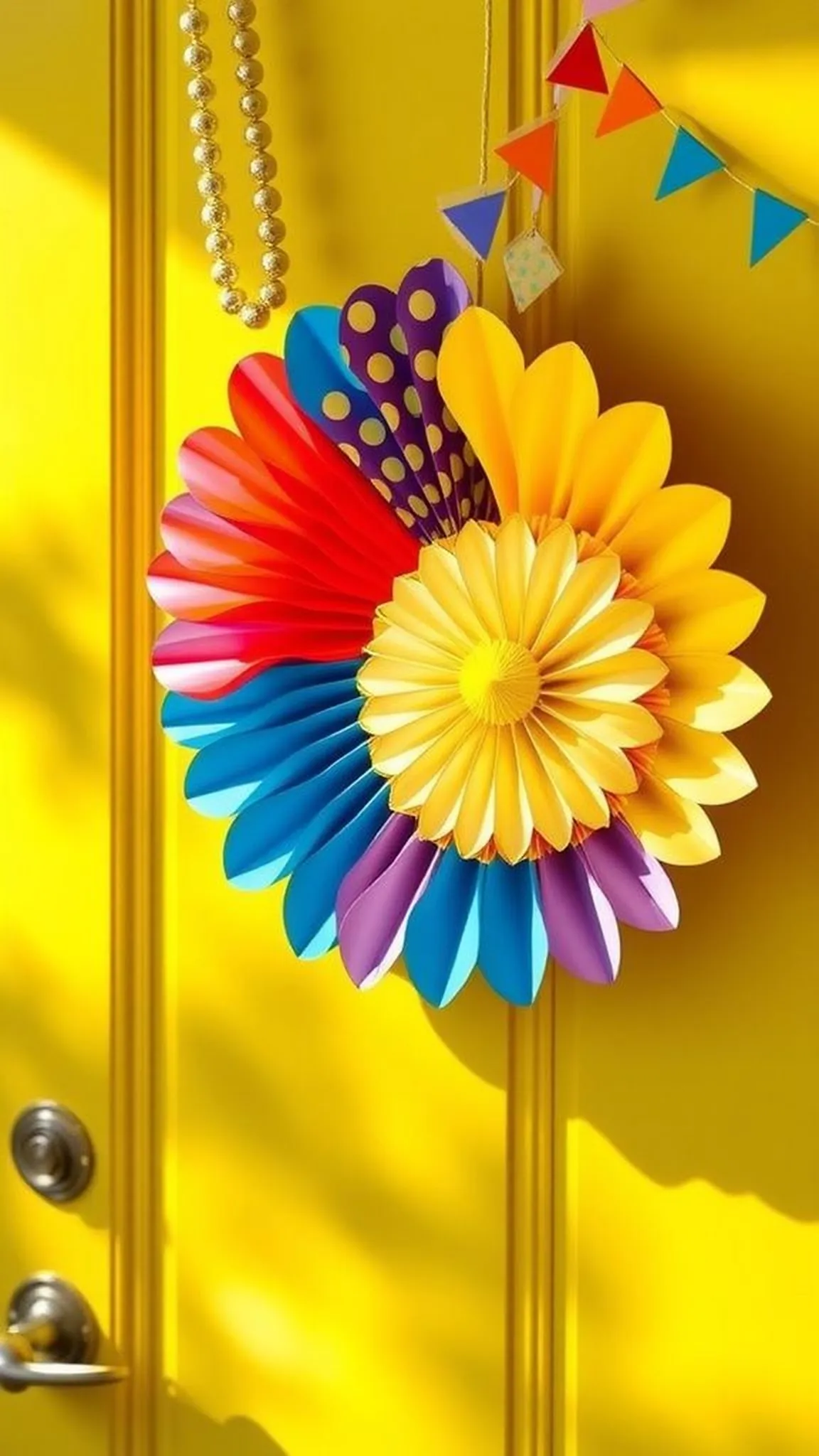 Colorful paper fan fiesta wreath for summer parties